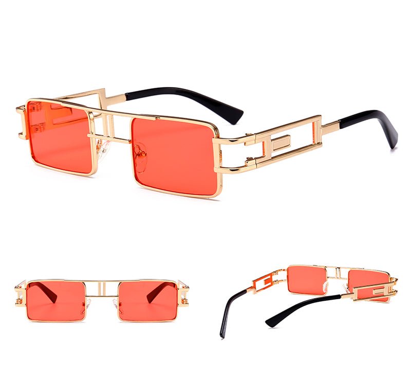 mens rectangular sunglasses steampunk men metal frame gold black red flat top square sun glasses for women - Noctraoptics